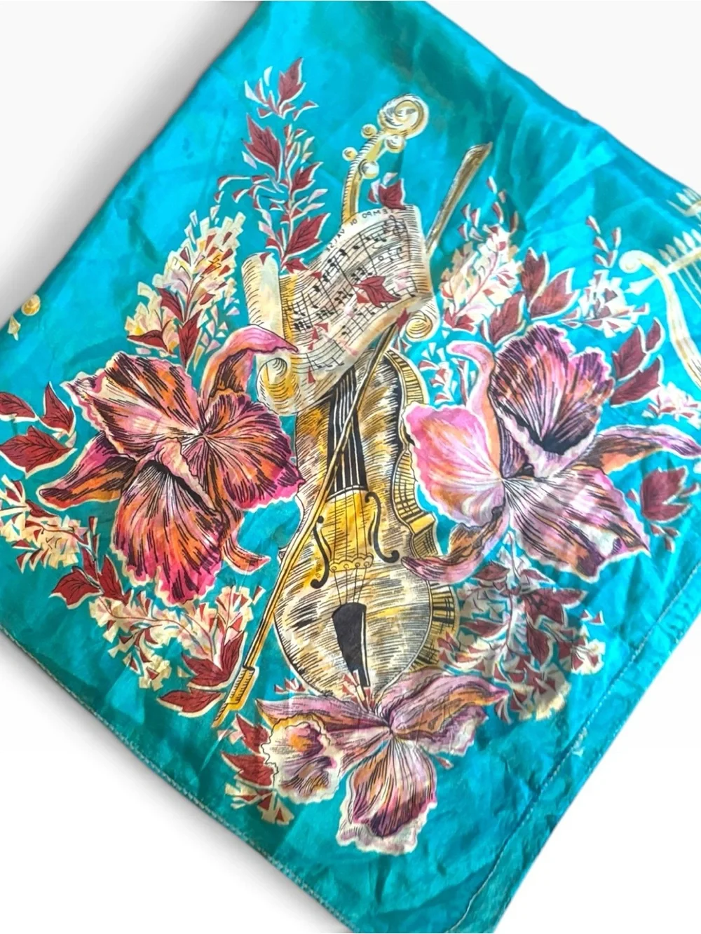 Vintage 50s 100% Silk Large Square Scarf Violin Harp Sheet Music Teal Blue 33x32